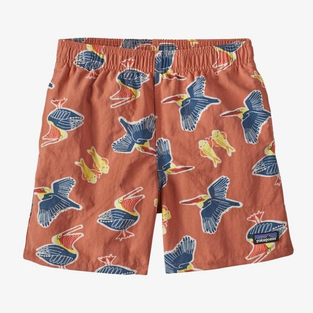 Patagonia Kids Shorts Rust Orange with Blue and Yellow Bird Print